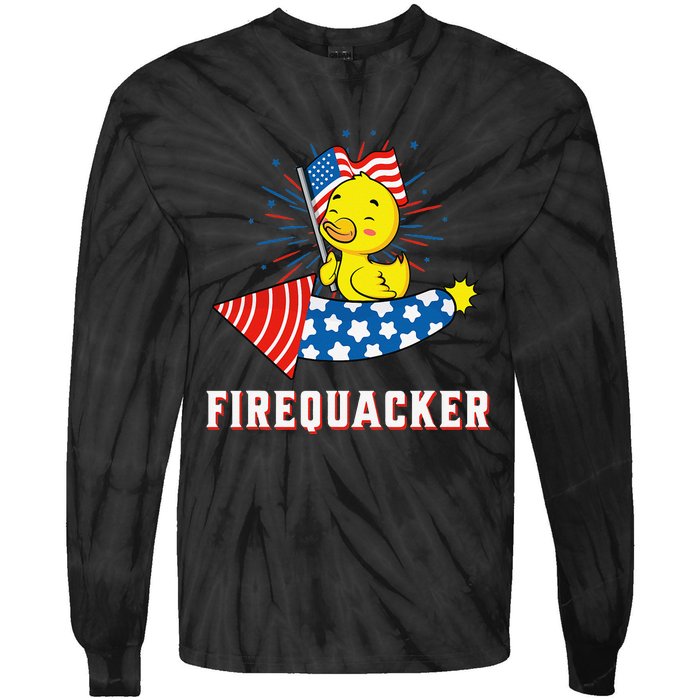 Fourth of July USA Patriotic Firecracker Rubber Duck Tie-Dye Long Sleeve Shirt