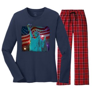 Fourth Of July Fireworks Statue Of Liberty Women's Long Sleeve Flannel Pajama Set 