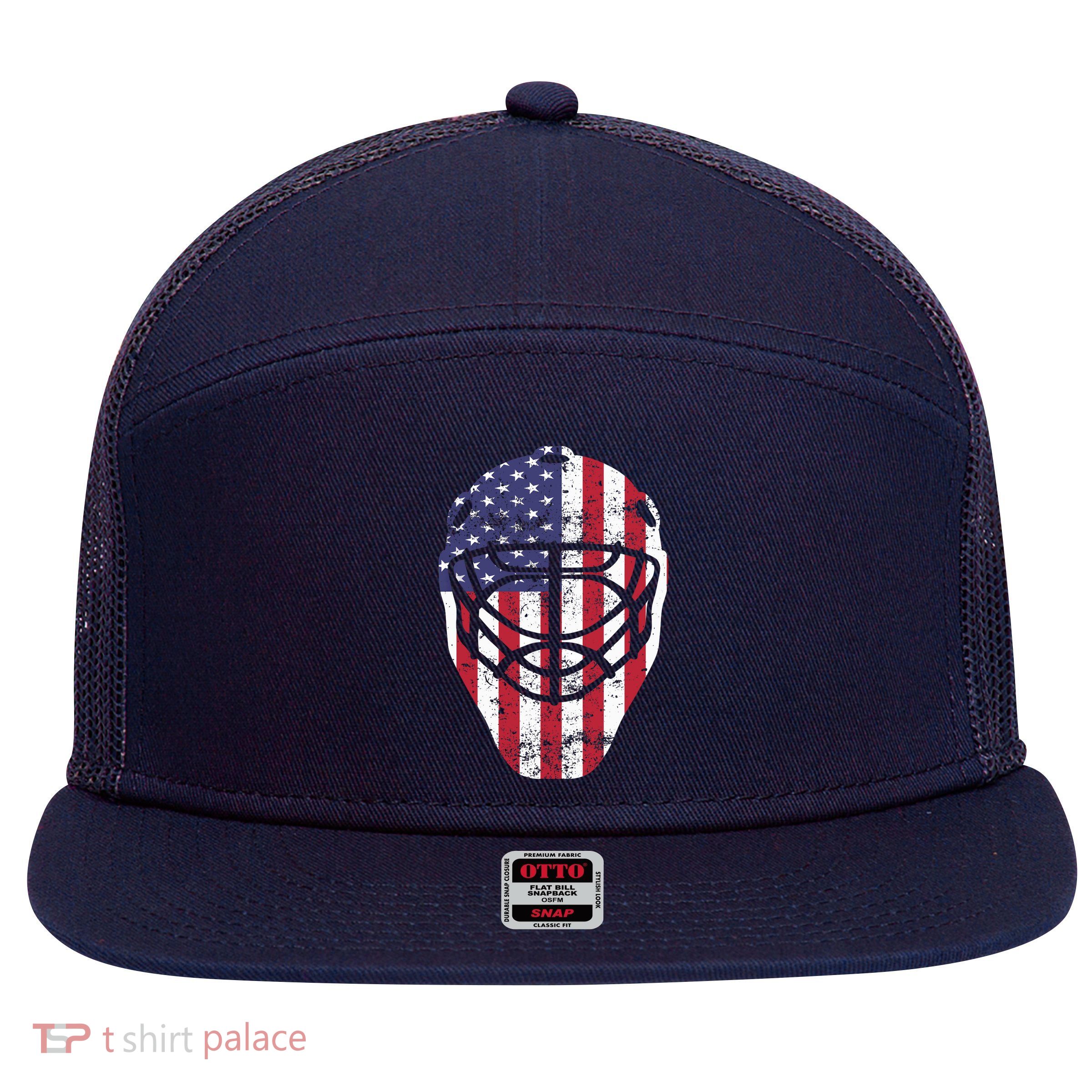 Fourth of July 4th Hockey Goalie Mask American Flag USA 7 Panel Mesh Trucker Snapback Hat