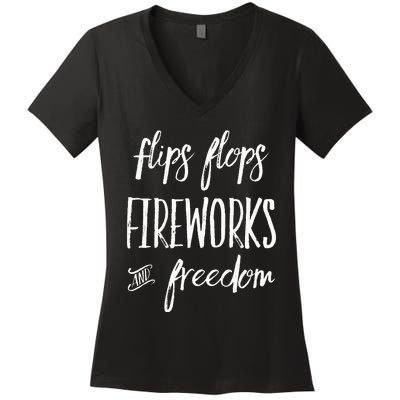 Fourth of July Flip Flops Fireworks Freedom Women's V-Neck T-Shirt