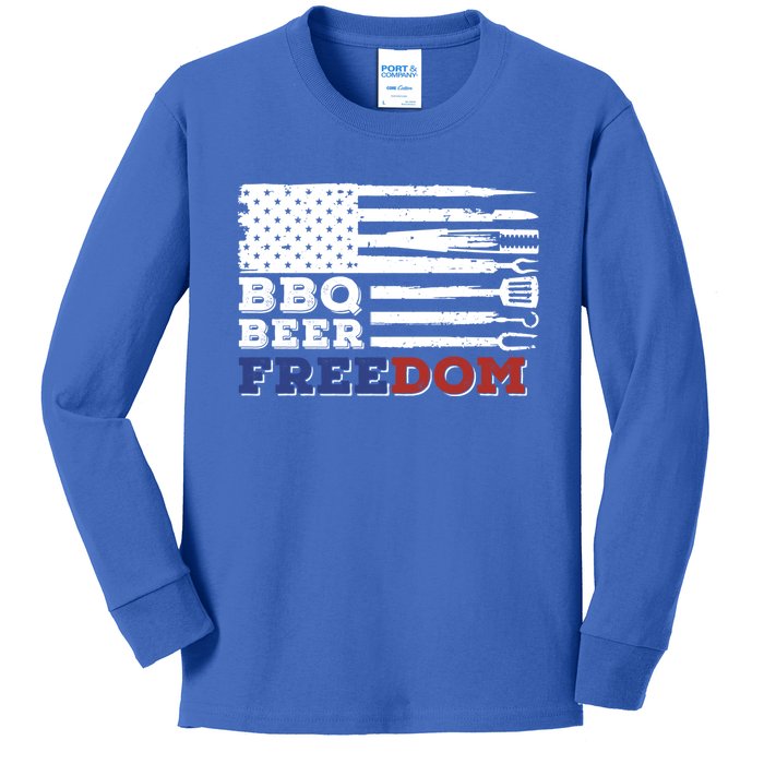 Fourth Of July Bbq Beer Freedom America Party American Flag Funny Gift Kids Long Sleeve Shirt