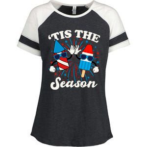 Fourth Of July Red White And Blue Tis The Season Fireworks And Popsicles Enza Ladies Jersey Colorblock Tee