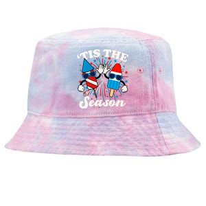 Fourth Of July Red White And Blue Tis The Season Fireworks And Popsicles Tie-Dyed Bucket Hat