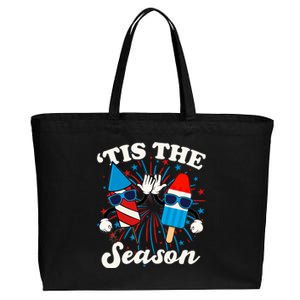 Fourth Of July Red White And Blue Tis The Season Fireworks And Popsicles Cotton Canvas Jumbo Tote