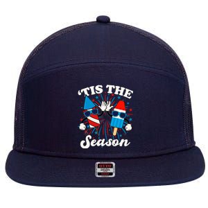 Fourth Of July Red White And Blue Tis The Season Fireworks And Popsicles 7 Panel Mesh Trucker Snapback Hat