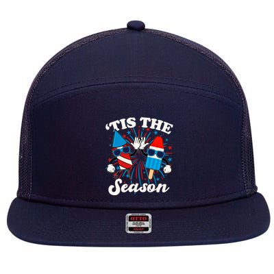 Fourth Of July Red White And Blue Tis The Season Fireworks And Popsicles 7 Panel Mesh Trucker Snapback Hat