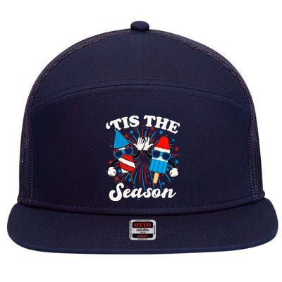 Fourth Of July Red White And Blue Tis The Season Fireworks And Popsicles 7 Panel Mesh Trucker Snapback Hat