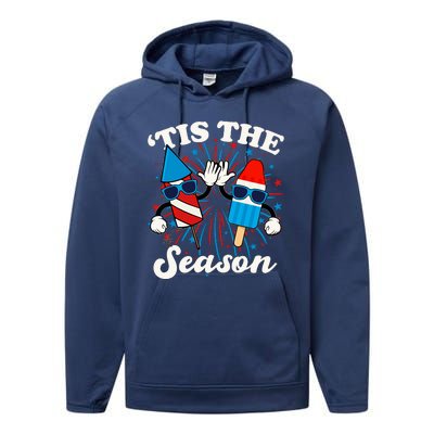 Fourth Of July Red White And Blue Tis The Season Fireworks And Popsicles Performance Fleece Hoodie