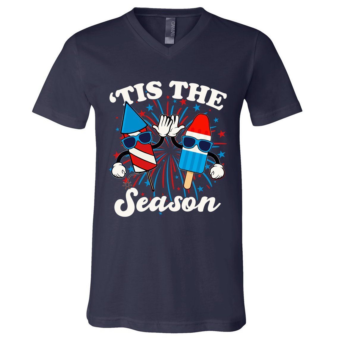 Fourth Of July Red White And Blue Tis The Season Fireworks And Popsicles V-Neck T-Shirt