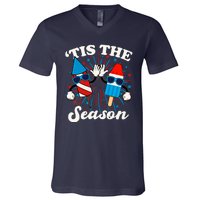 Fourth Of July Red White And Blue Tis The Season Fireworks And Popsicles V-Neck T-Shirt