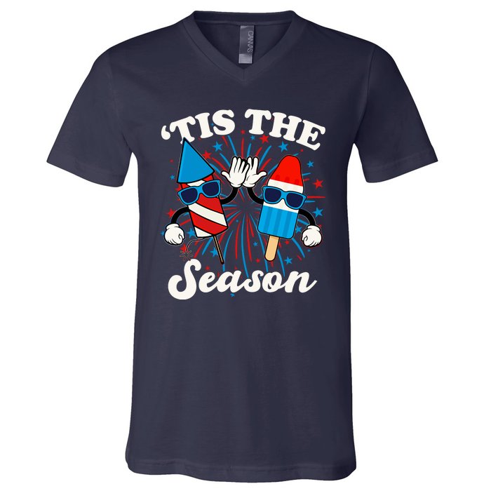 Fourth Of July Red White And Blue Tis The Season Fireworks And Popsicles V-Neck T-Shirt