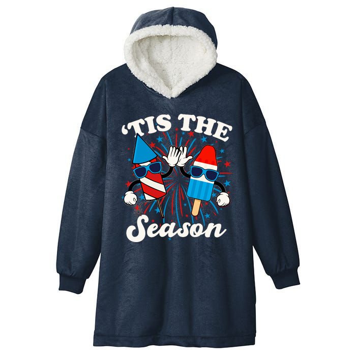 Fourth Of July Red White And Blue Tis The Season Fireworks And Popsicles Hooded Wearable Blanket