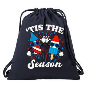 Fourth Of July Red White And Blue Tis The Season Fireworks And Popsicles Drawstring Bag