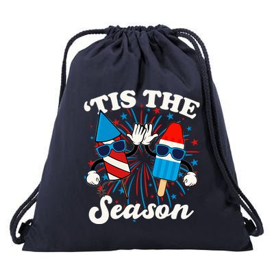 Fourth Of July Red White And Blue Tis The Season Fireworks And Popsicles Drawstring Bag