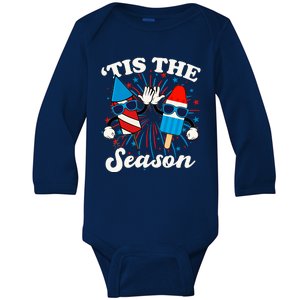 Fourth Of July Red White And Blue Tis The Season Fireworks And Popsicles Baby Long Sleeve Bodysuit