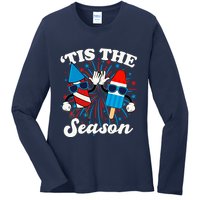 Fourth Of July Red White And Blue Tis The Season Fireworks And Popsicles Ladies Long Sleeve Shirt