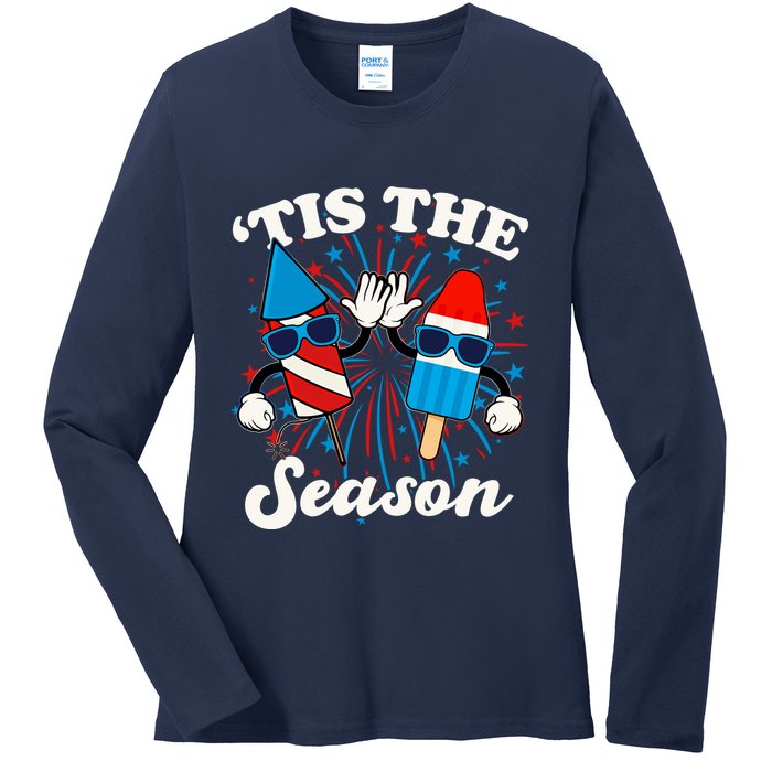 Fourth Of July Red White And Blue Tis The Season Fireworks And Popsicles Ladies Long Sleeve Shirt