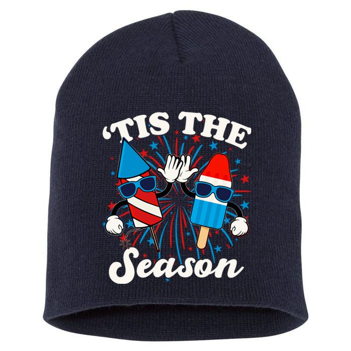 Fourth Of July Red White And Blue Tis The Season Fireworks And Popsicles Short Acrylic Beanie