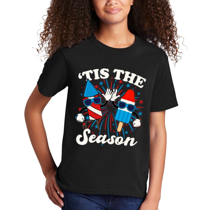 Fourth Of July Red White And Blue Tis The Season Fireworks And Popsicles Kids T-Shirt