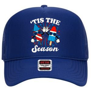 Fourth Of July Red White And Blue Tis The Season Fireworks And Popsicles High Crown Mesh Back Trucker Hat