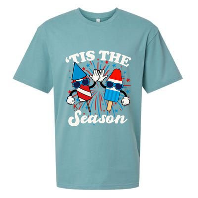 Fourth Of July Red White And Blue Tis The Season Fireworks And Popsicles Sueded Cloud Jersey T-Shirt