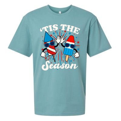 Fourth Of July Red White And Blue Tis The Season Fireworks And Popsicles Sueded Cloud Jersey T-Shirt