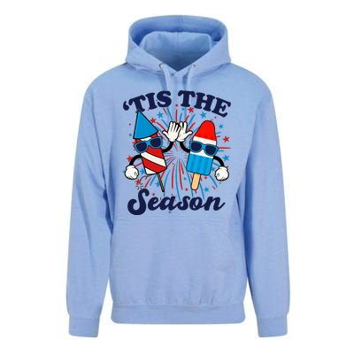 Fourth Of July Red White And Blue Tis The Season Fireworks And Popsicles Unisex Surf Hoodie