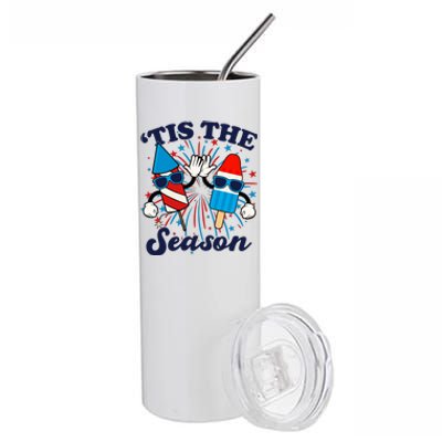 Fourth Of July Red White And Blue Tis The Season Fireworks And Popsicles Stainless Steel Tumbler