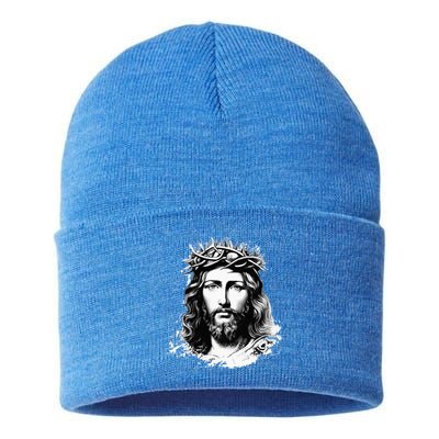 Face Of Jesus Christ Crown Of Thorns Catholic Faith Sustainable Knit Beanie