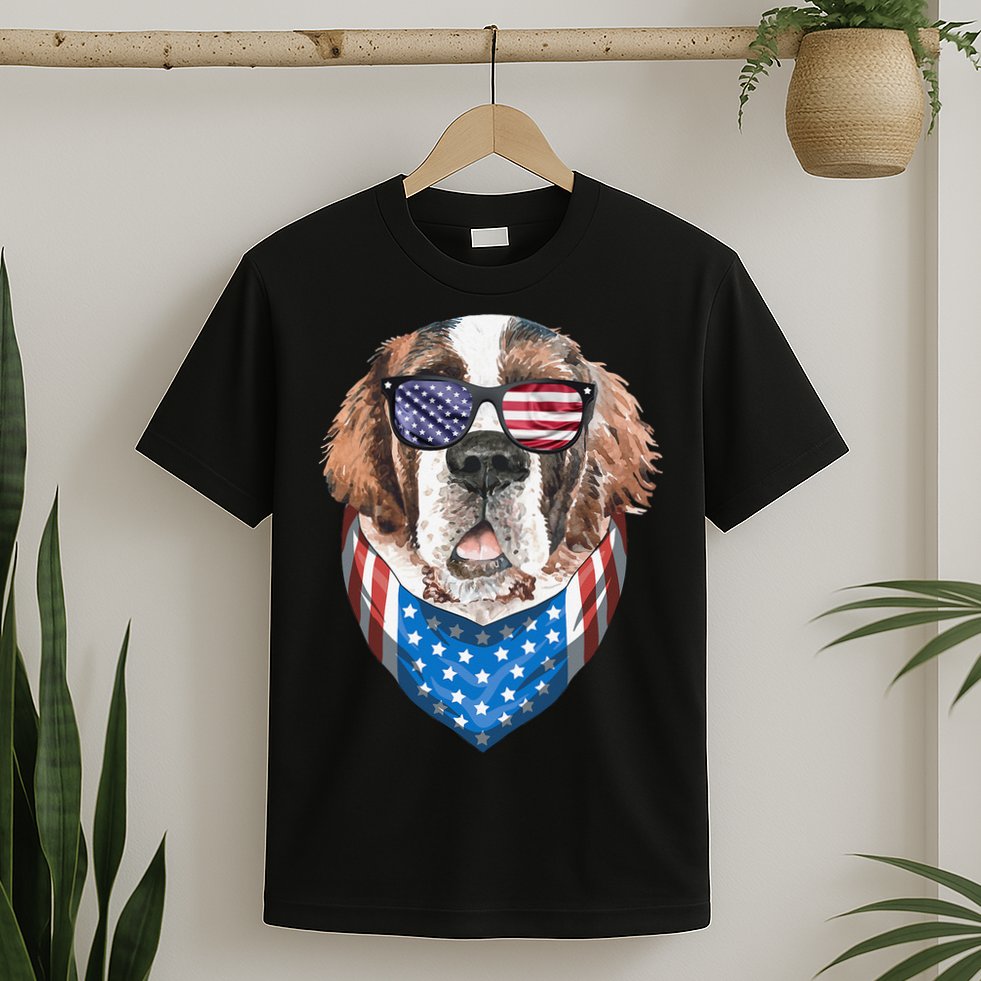 Fourth of July Bernard American Flag July 4th St Bernard Dog T-Shirt