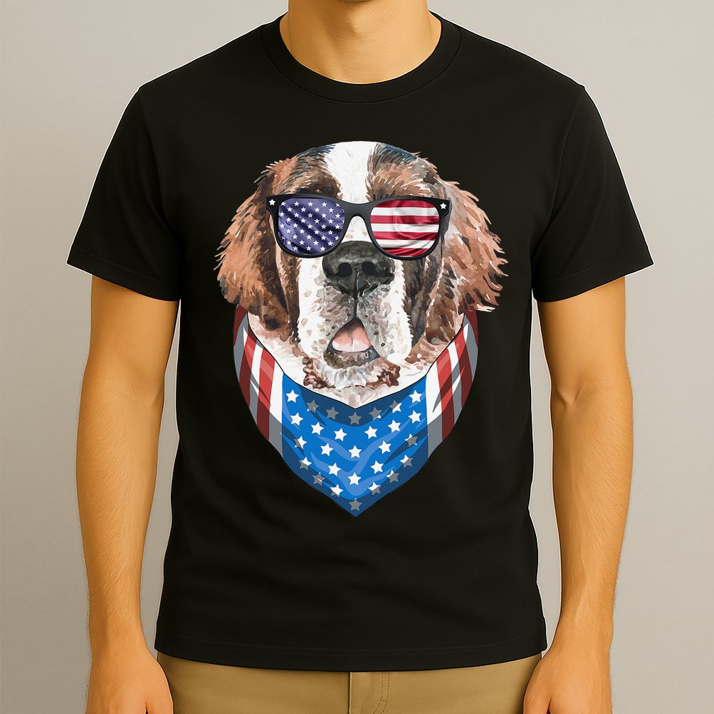 Fourth of July Bernard American Flag July 4th St Bernard Dog T-Shirt