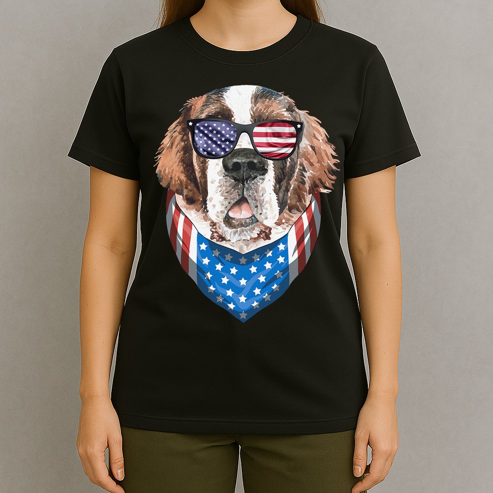 Fourth of July Bernard American Flag July 4th St Bernard Dog T-Shirt