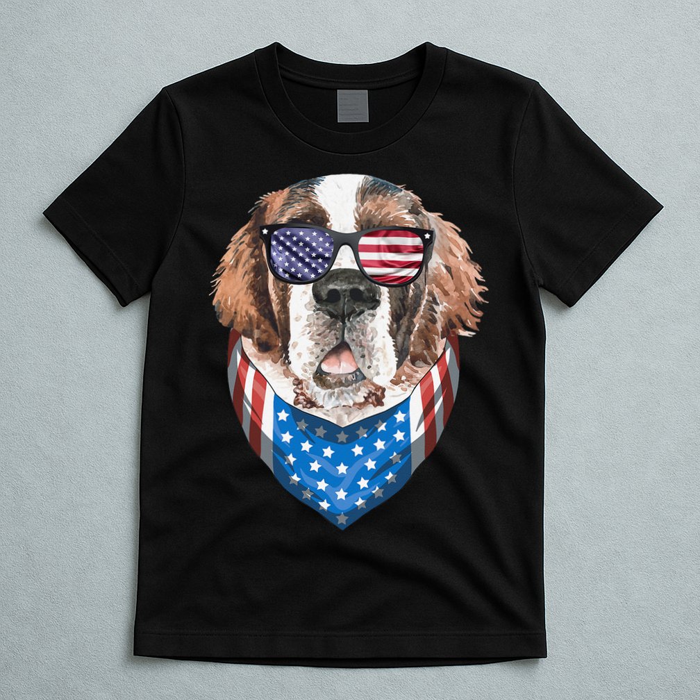 Fourth of July Bernard American Flag July 4th St Bernard Dog T-Shirt