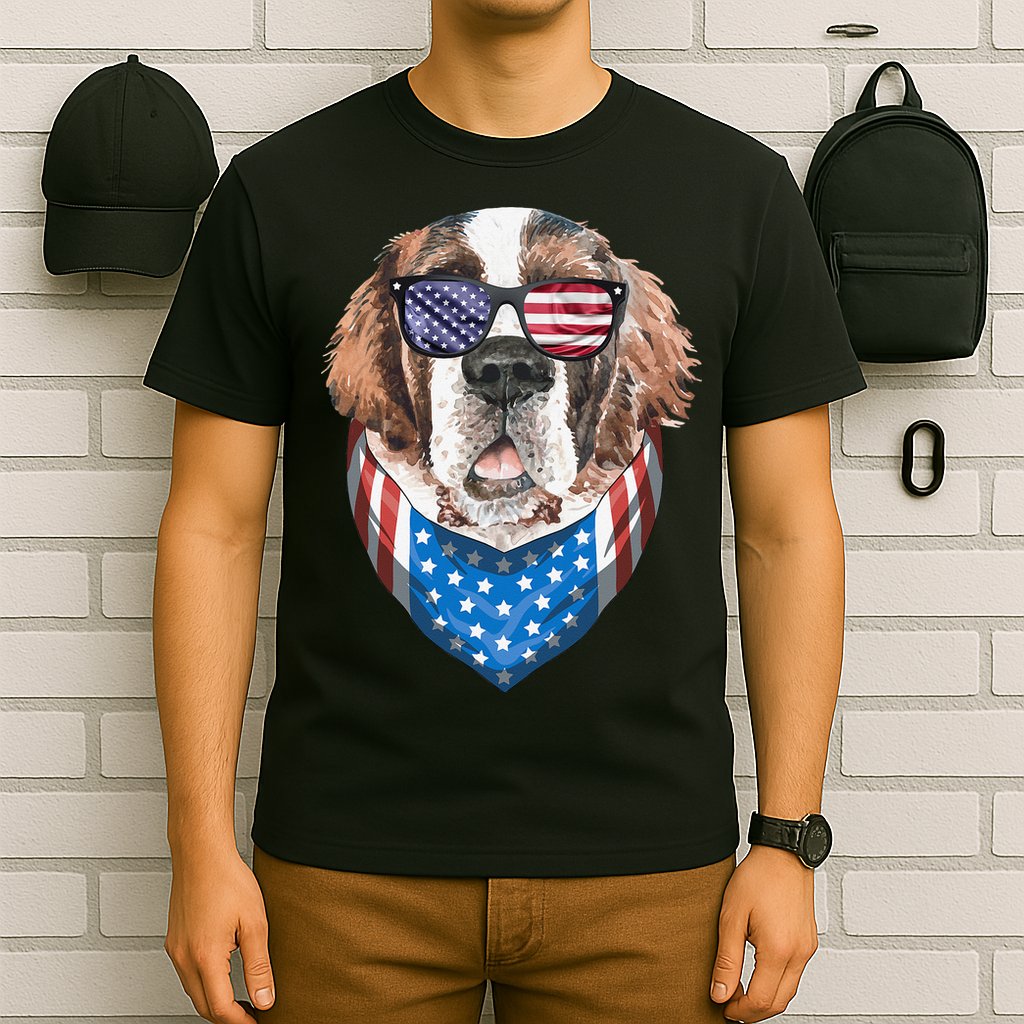 Fourth of July Bernard American Flag July 4th St Bernard Dog T-Shirt