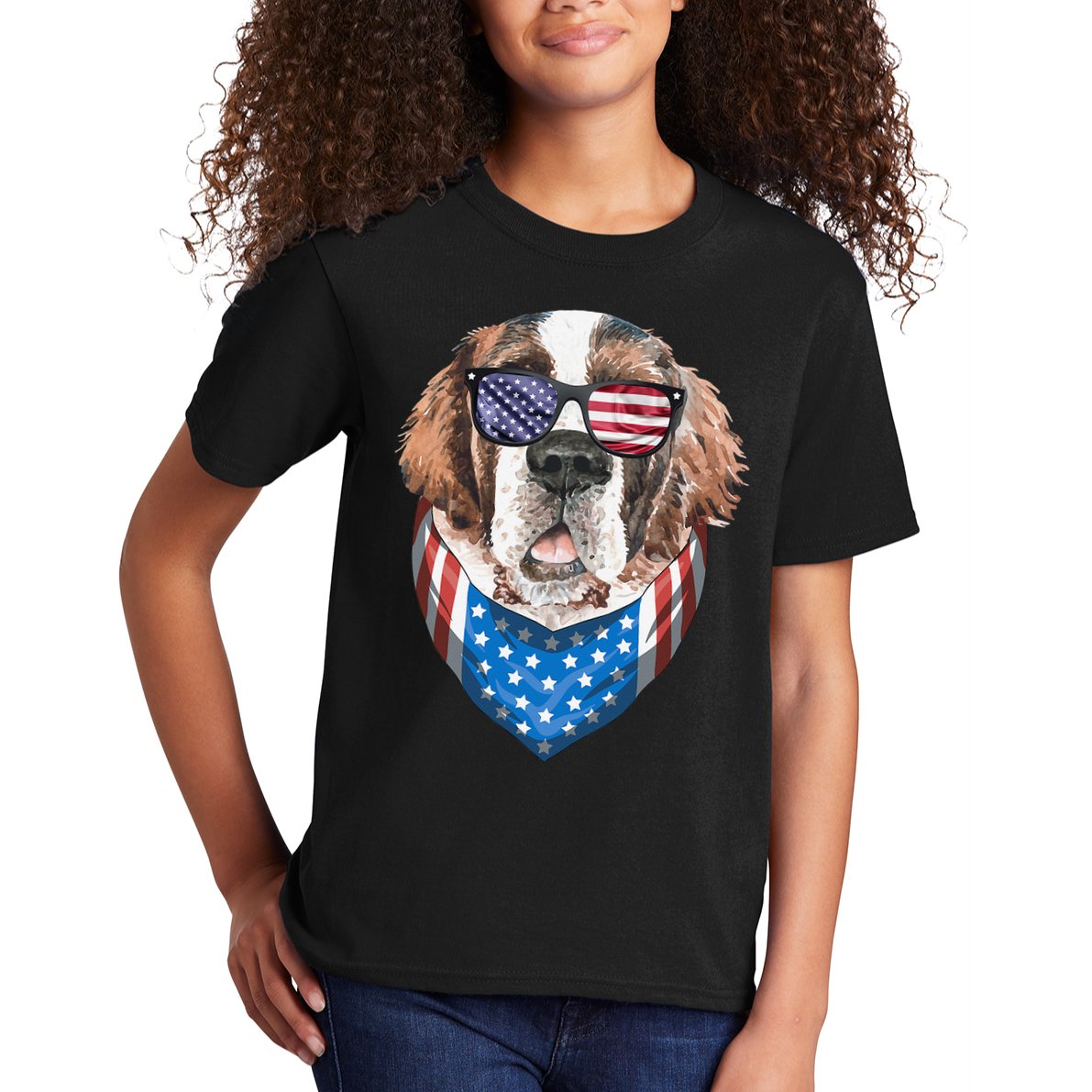 Fourth of July Bernard American Flag July 4th St Bernard Dog Kids T-Shirt