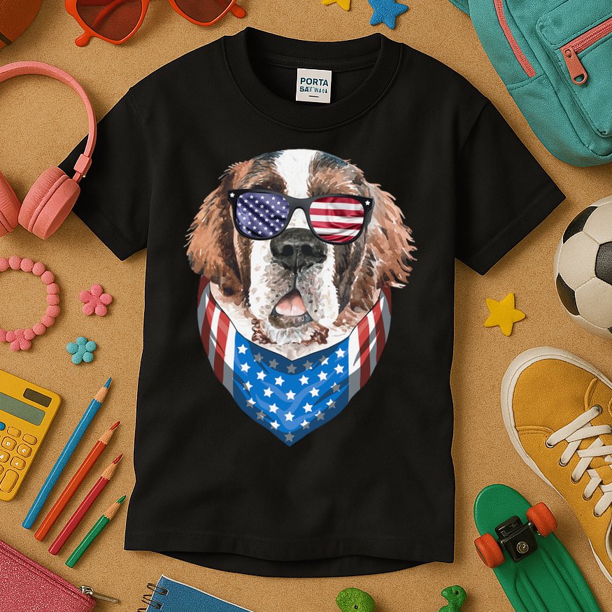 Fourth of July Bernard American Flag July 4th St Bernard Dog Kids T-Shirt