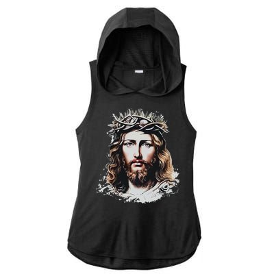 Face Of Jesus Christ Crown Of Thorns Catholic Faith Ladies PosiCharge Tri-Blend Wicking Draft Hoodie Tank