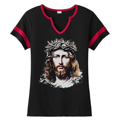 Face Of Jesus Christ Crown Of Thorns Catholic Faith Ladies Halftime Notch Neck Tee