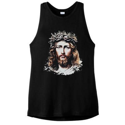 Face Of Jesus Christ Crown Of Thorns Catholic Faith Ladies PosiCharge Tri-Blend Wicking Tank