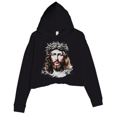 Face Of Jesus Christ Crown Of Thorns Catholic Faith Crop Fleece Hoodie