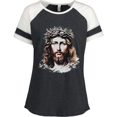 Face Of Jesus Christ Crown Of Thorns Catholic Faith Enza Ladies Jersey Colorblock Tee