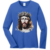 Face Of Jesus Christ Crown Of Thorns Catholic Faith Ladies Long Sleeve Shirt