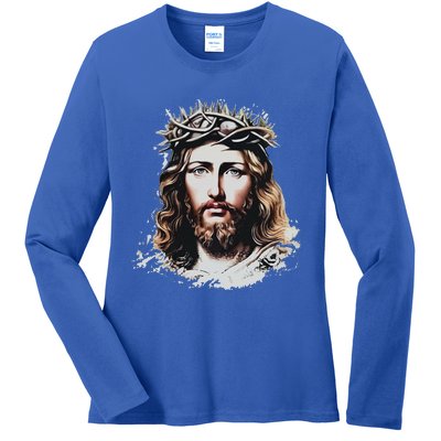 Face Of Jesus Christ Crown Of Thorns Catholic Faith Ladies Long Sleeve Shirt