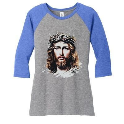 Face Of Jesus Christ Crown Of Thorns Catholic Faith Women's Tri-Blend 3/4-Sleeve Raglan Shirt