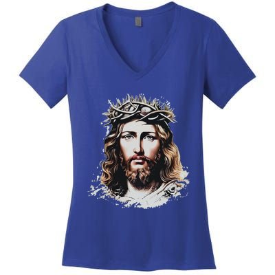 Face Of Jesus Christ Crown Of Thorns Catholic Faith Women's V-Neck T-Shirt