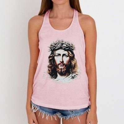 Face Of Jesus Christ Crown Of Thorns Catholic Faith Women's Knotted Racerback Tank