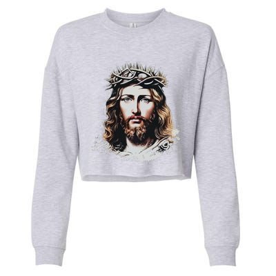 Face Of Jesus Christ Crown Of Thorns Catholic Faith Cropped Pullover Crew