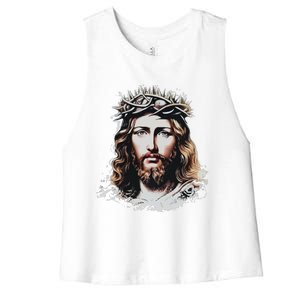 Face Of Jesus Christ Crown Of Thorns Catholic Faith Women's Racerback Cropped Tank