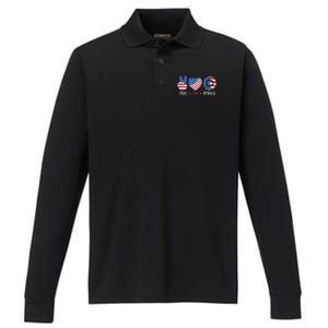 Fourth Of July Peace Love America Performance Long Sleeve Polo