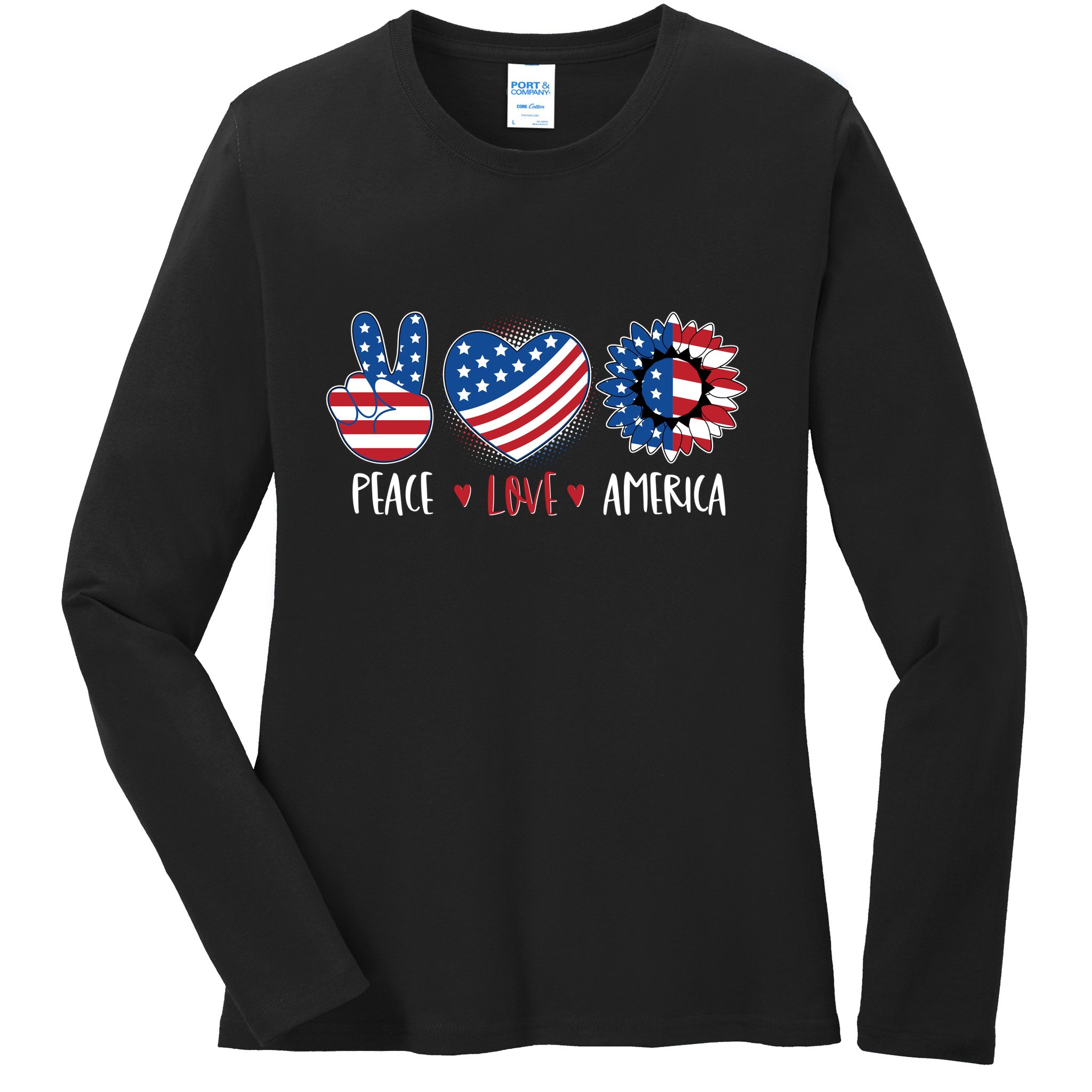 Fourth Of July Peace Love America Ladies Long Sleeve Shirt
